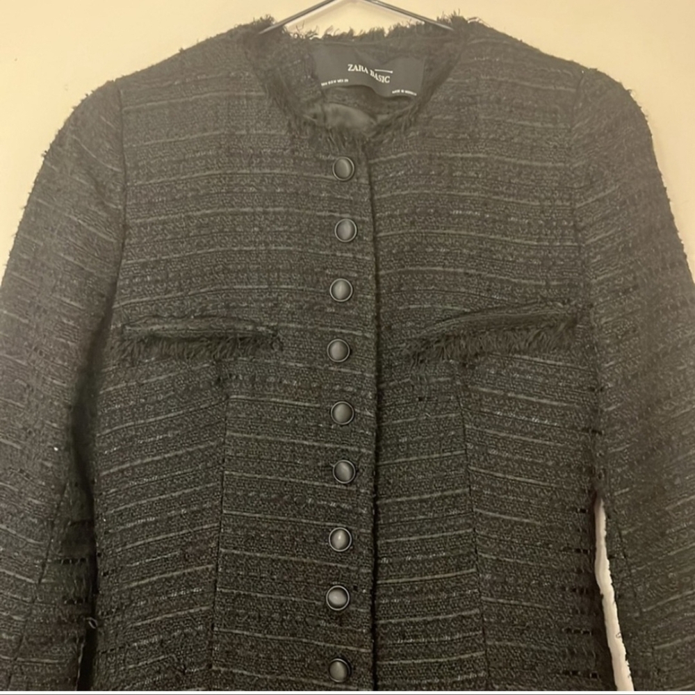 Zara Elegant Black Tweed Long Coat - Picture 2 of 3
